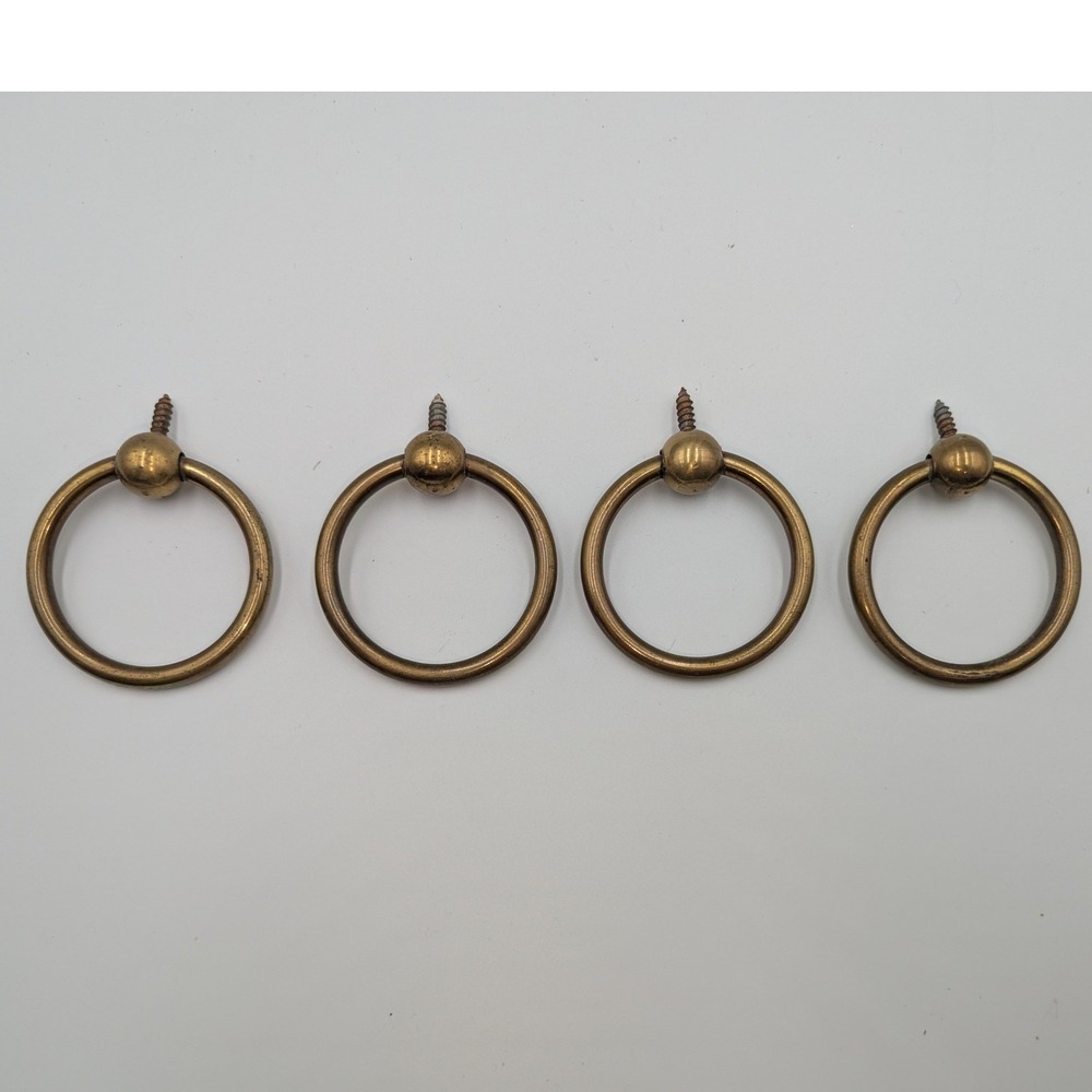 Vintage Brass Ring Pull Drawer Handles Set of 4 Aged Patina 2 Inch